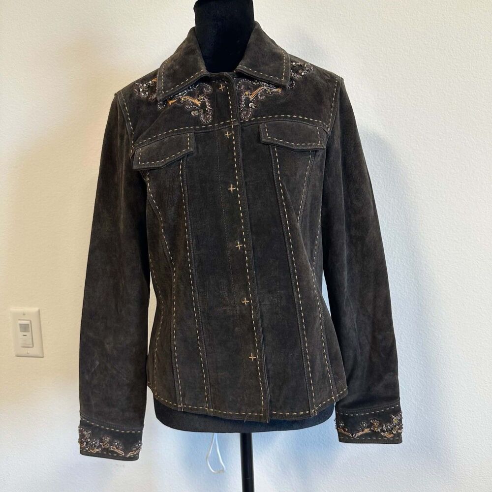 Coldwater Creek 100% Leather Suede Beaded Western Jacket Black Women's PXS